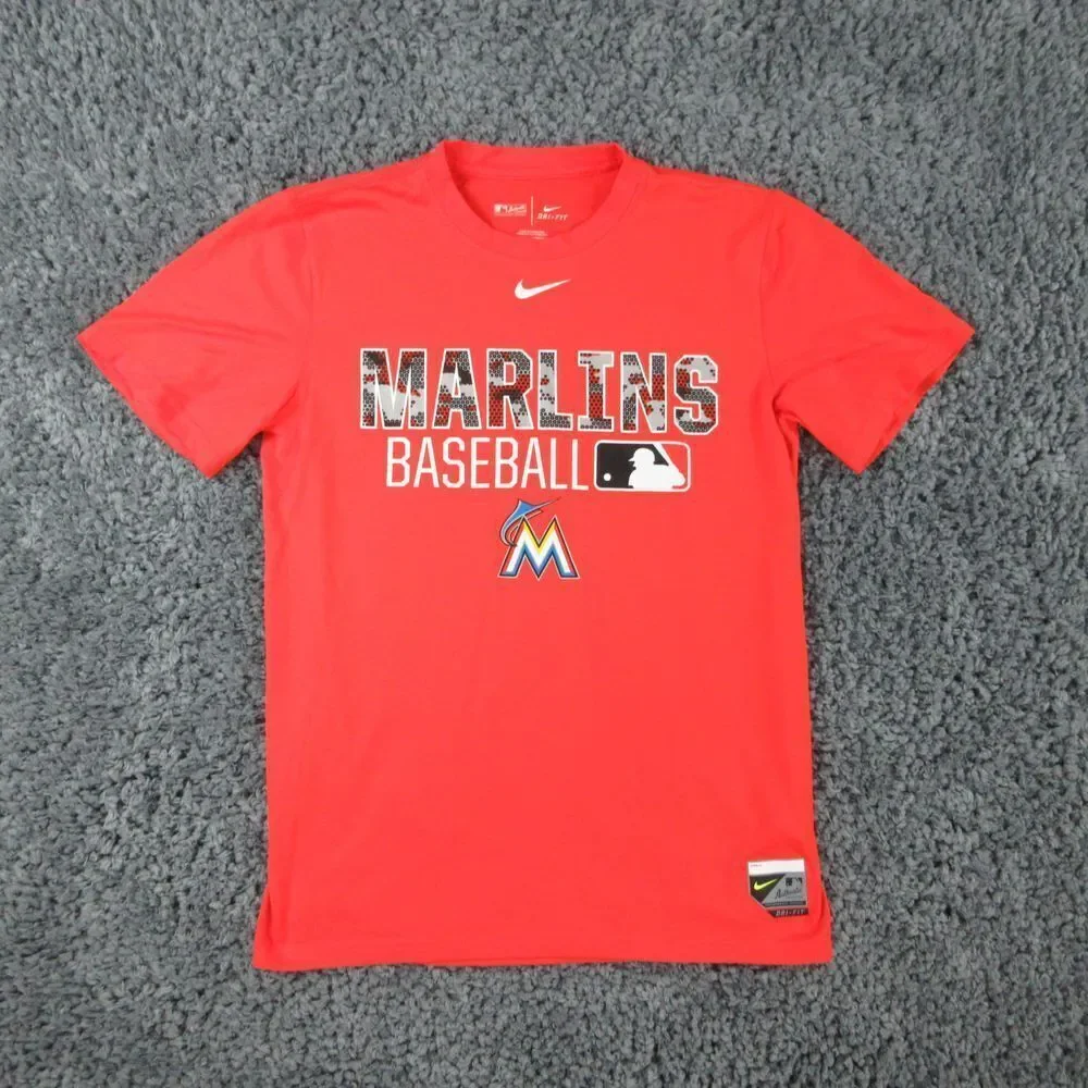 Nike Shirt Mens Small Orange Marlins Baseball Dri-Fit Short Sleeve '